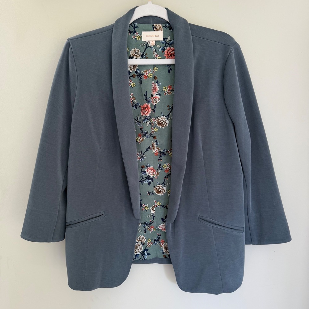 Skies Are Blue Blazer Jacket Modal Open Front 3/4 Sleeve Gray Blue Floral XL